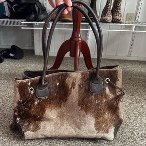 FSP Collection Cape Town Cowhide Hair-On Leather Tote Bag Brown White Tassel